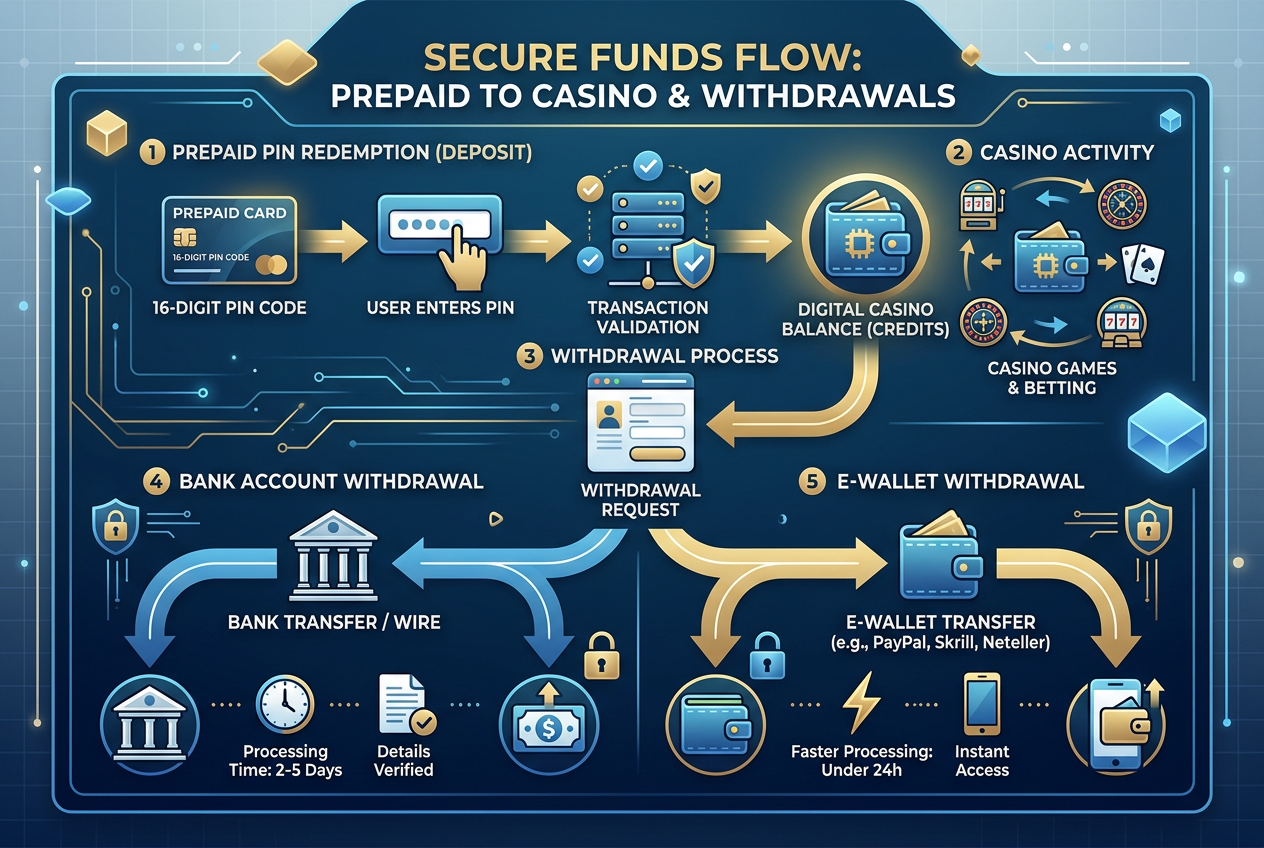 Technické schéma toku peněz z Paysafecard do kasina a možnosti výběru
